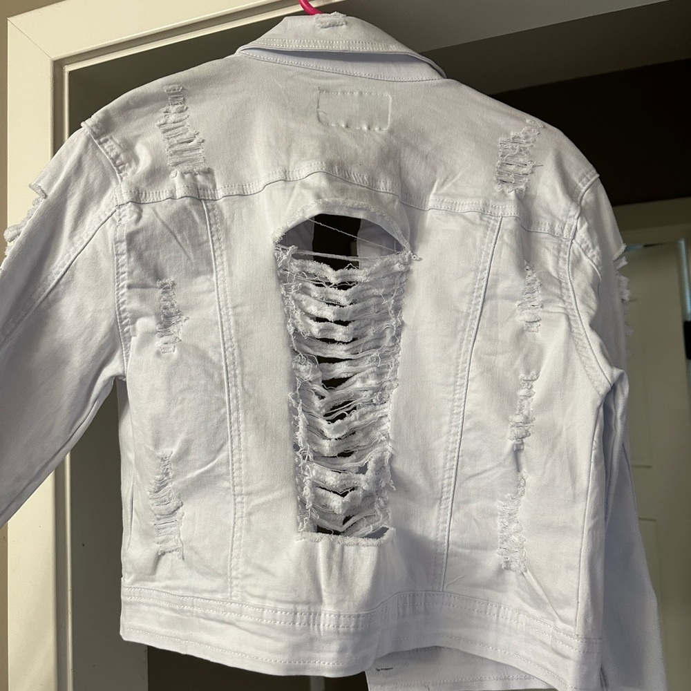 White denim distressed jean jacket